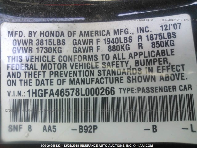 1HGFA46578L000266 - 2008 HONDA CIVIC GX BLACK photo 9