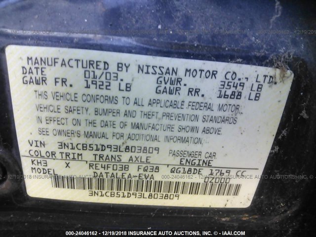 3N1CB51D93L803809 - 2003 NISSAN SENTRA XE/GXE BLACK photo 9