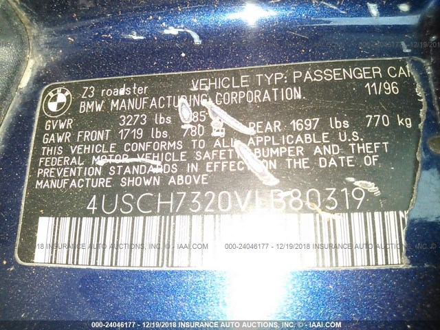 4USCH7320VLB80319 - 1997 BMW Z3 1.9 BLUE photo 9