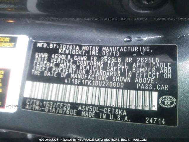 4T1BF1FK1DU270600 - 2013 TOYOTA CAMRY L/SE/LE/XLE Boz foto 9