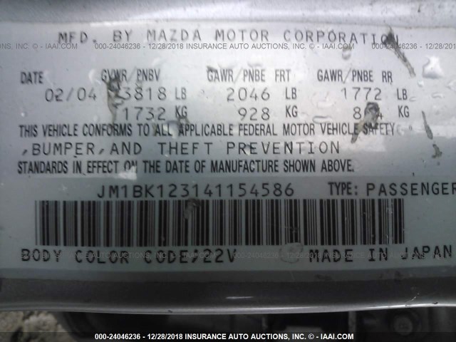 JM1BK123141154586 - 2004 MAZDA 3 S SILVER photo 9