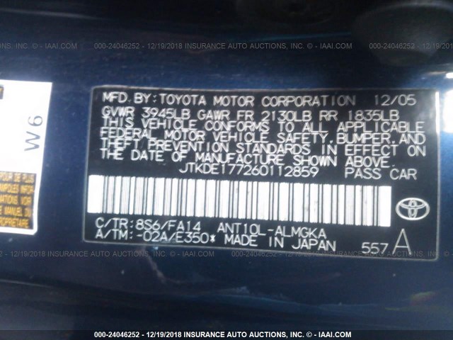 JTKDE177260112859 - 2006 TOYOTA SCION TC 海军蓝 照片 9