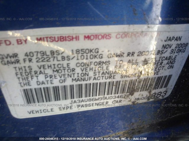 JA3AU86W99U034672 - 2009 MITSUBISHI LANCER GTS BLUE photo 9