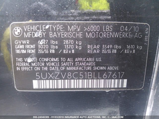 5UXZV8C51BLL67617 - 2011 BMW X5 XDRIVE50I BLACK photo 9