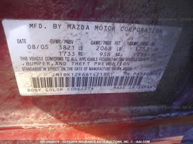 JM1BK12F661421881 - 2006 MAZDA 3 I RED photo 9