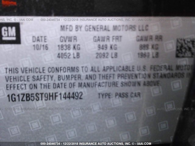 1G1ZB5ST9HF144492 - 2017 CHEVROLET MALIBU LS BLACK photo 9