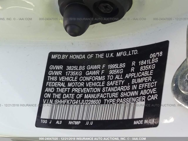 SHHFK7G41JU228600 - 2018 HONDA CIVIC SPORT 白色 照片 9