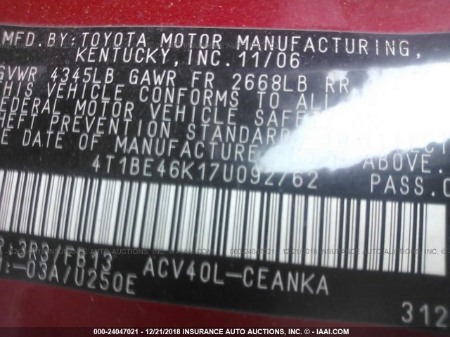 4T1BE46K17U092762 - 2007 TOYOTA CAMRY NEW GENERAT CE/LE/XLE/SE RED photo 9
