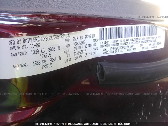 1J8HH48K37C575770 - 2007 JEEP COMMANDER MAROON photo 9