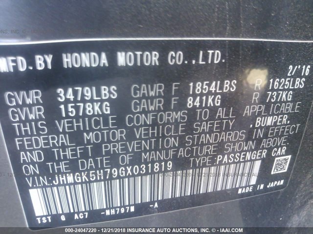 JHMGK5H79GX031819 - 2016 HONDA FIT EX/EXL GRAY photo 9