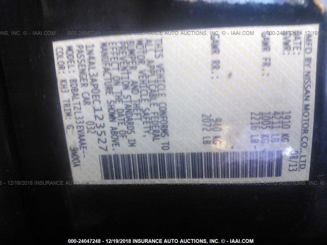 1N4AL3AP0EC123527 - 2014 NISSAN ALTIMA 2.5/S/SV/SL 黑色 照片 9