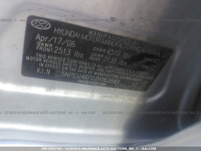 5NPEU46F07H162849 - 2007 HYUNDAI SONATA SE/LIMITED SILVER photo 9