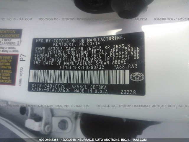 4T1BF1FK2EU390732 - 2014 TOYOTA CAMRY L/SE/LE/XLE 白色 照片 9