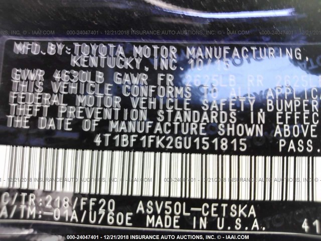 4T1BF1FK2GU151815 - 2016 TOYOTA CAMRY LE/XLE/SE/XSE 黑色 照片 9