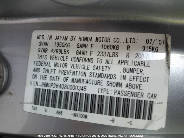 JHMCP26408C000345 - 2008 HONDA ACCORD LXP SILVER photo 9