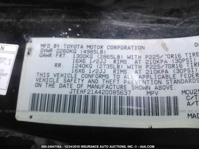 JTEHF21A420085637 - 2002 TOYOTA HIGHLANDER LIMITED BLACK photo 9