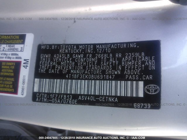 4T1BF3EK0BU691847 - 2011 TOYOTA CAMRY SE/LE/XLE 银色 照片 9