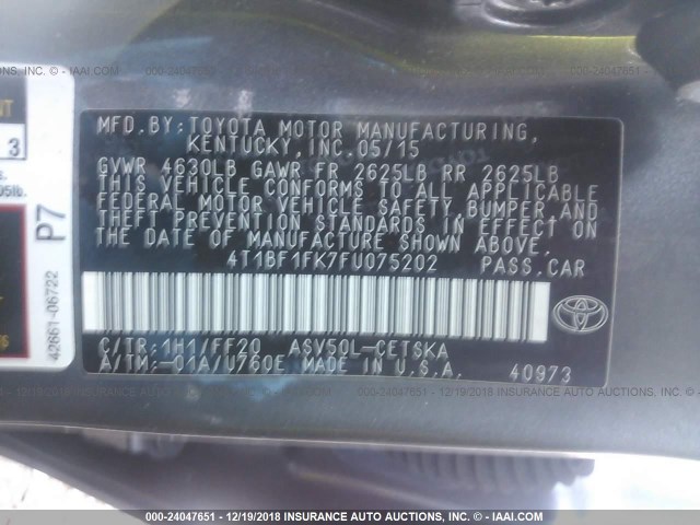 4T1BF1FK7FU075202 - 2015 TOYOTA CAMRY LE/XLE/SE/XSE GRAY photo 9