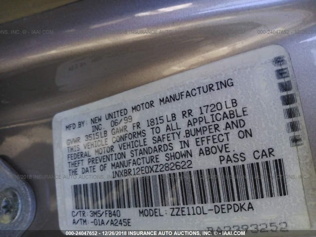 1NXBR12E0XZ282622 - 1999 TOYOTA COROLLA VE/CE/LE 银色 照片 9