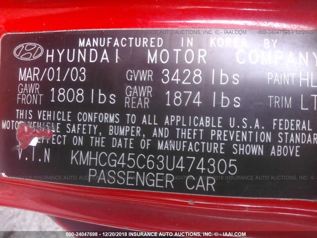 KMHCG45C63U474305 - 2003 HYUNDAI ACCENT GL RED photo 9