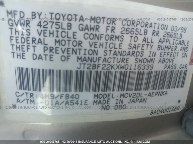 JT2BF22KXW0116339 - 1998 TOYOTA CAMRY CE/LE/XLE TAN photo 9