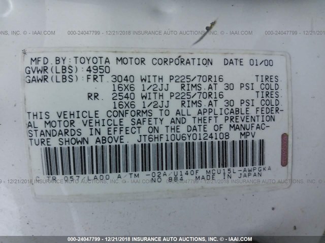 JT6HF10U6Y0124108 - 2000 LEXUS RX 300 WHITE photo 9