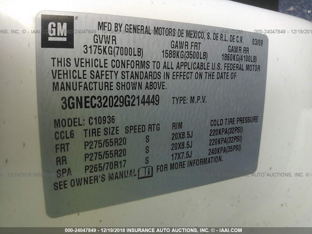 3GNEC32029G214449 - 2009 CHEVROLET AVALANCHE C1500 LTZ WHITE photo 9