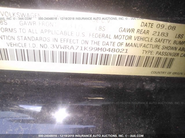 3VWRA71K99M048021 - 2009 VOLKSWAGEN JETTA WOLFSBURG 黑色 照片 9