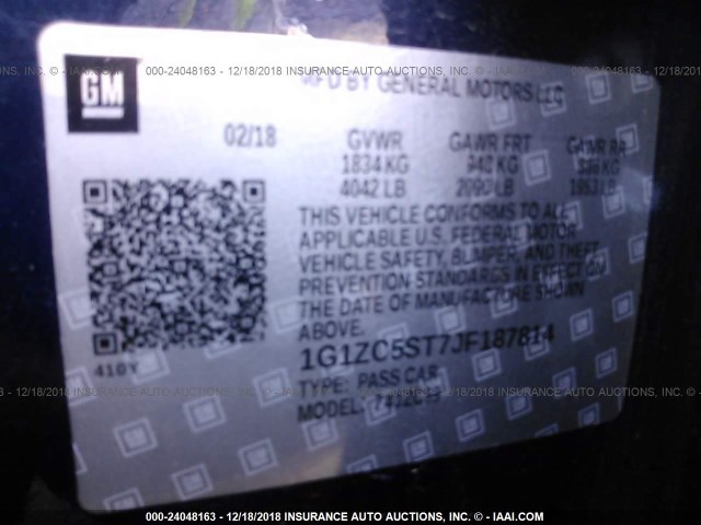 1G1ZC5ST7JF187814 - 2018 CHEVROLET MALIBU LS შავი ფოტო 9