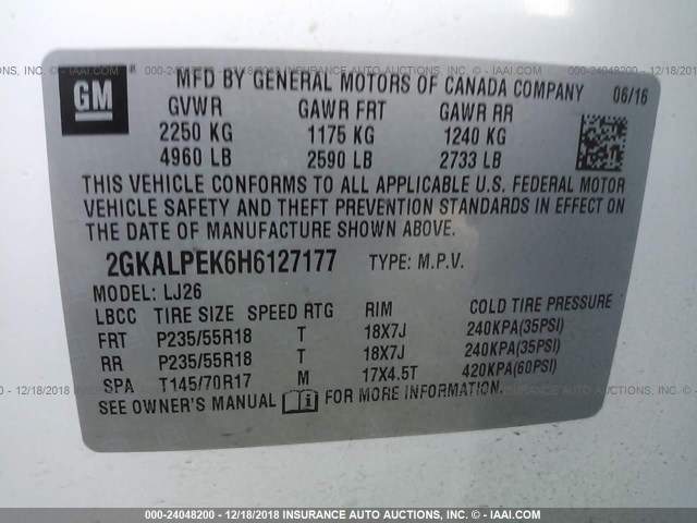 2GKALPEK6H6127177 - 2017 GMC TERRAIN WHITE photo 9