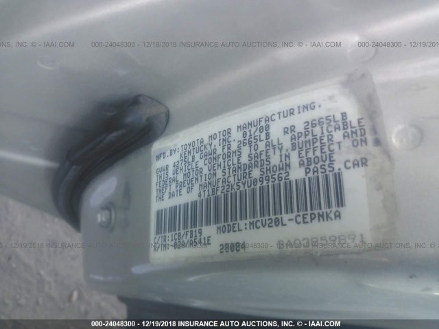 4T1BF22K5YU099562 - 2000 TOYOTA CAMRY LE/XLE Сұр фото 9