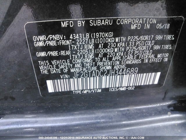 JF2GTADC2JH344689 - 2018 SUBARU CROSSTREK PREMIUM GRAY photo 9