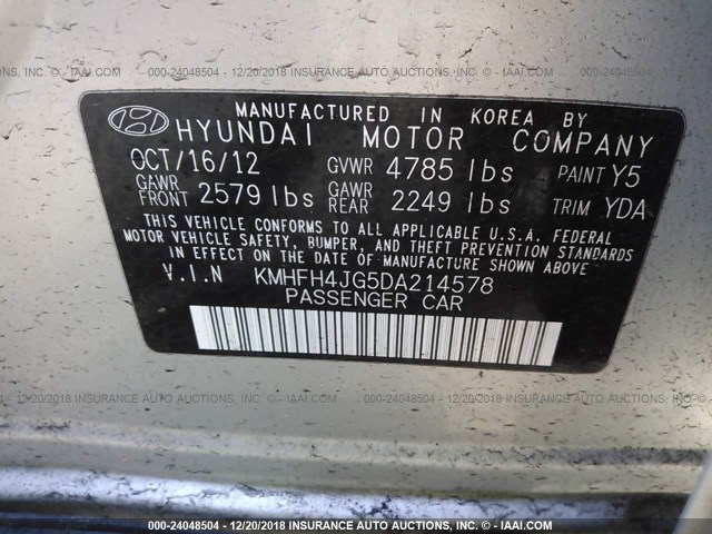 KMHFH4JG5DA214578 - 2013 HYUNDAI AZERA GLS/LIMITED GRAY photo 9