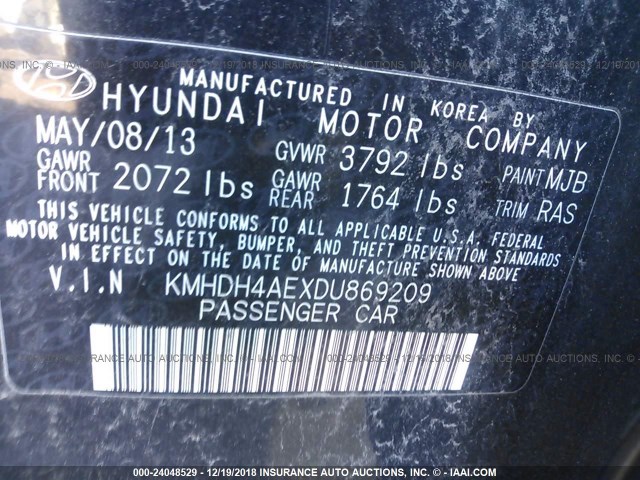 KMHDH4AEXDU869209 - 2013 HYUNDAI ELANTRA GLS/LIMITED BLACK photo 9