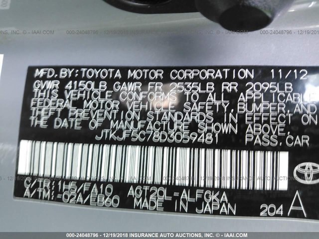 JTKJF5C78D3059481 - 2013 TOYOTA SCION TC ნაცრისფერი ფოტო 9