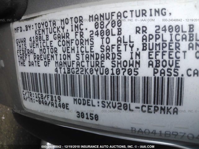 4T1BG22K0YU010705 - 2000 TOYOTA CAMRY CE/LE/XLE SILVER photo 9