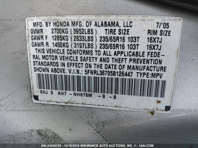 5FNRL38795B126447 - 2005 HONDA ODYSSEY EXL SILVER photo 9