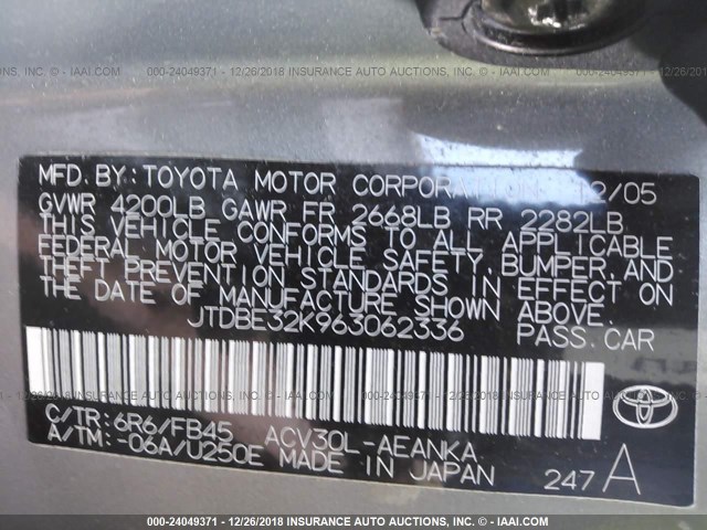 JTDBE32K963062336 - 2006 TOYOTA CAMRY LE/XLE Күміс фото 9