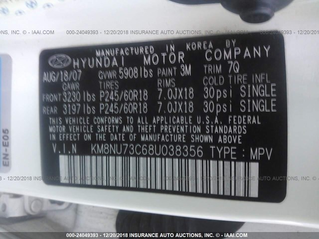 KM8NU73C68U038356 - 2008 HYUNDAI VERACRUZ GLS/SE/LIMITED WHITE photo 9