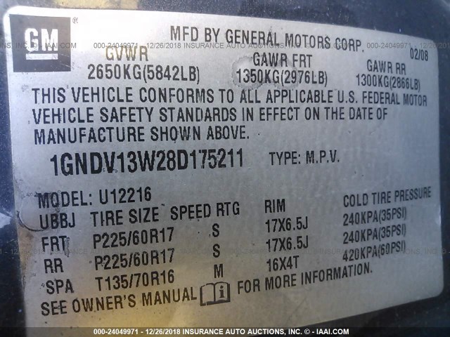 1GNDV13W28D175211 - 2008 CHEVROLET UPLANDER GRAY photo 9