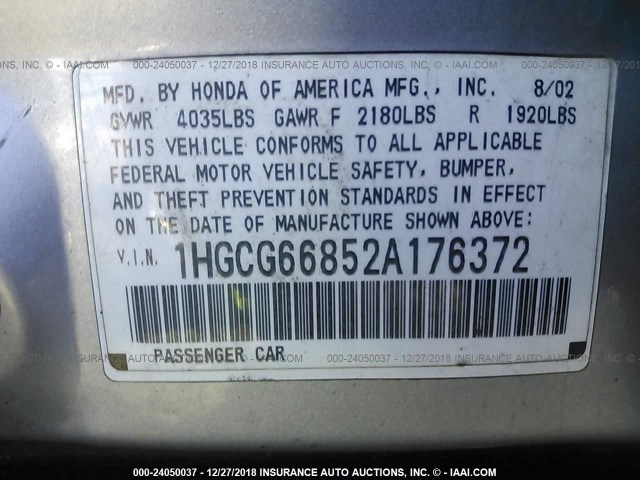 1HGCG66852A176372 - 2002 HONDA ACCORD EX/SE GRAY photo 9