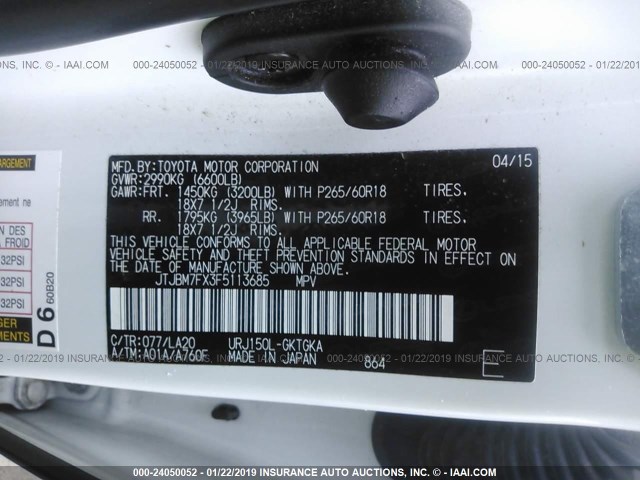 JTJBM7FX3F5113685 - 2015 LEXUS GX WHITE photo 9