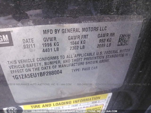 1G1ZA5EU1BF288004 - 2011 CHEVROLET MALIBU LS Grau Foto 9