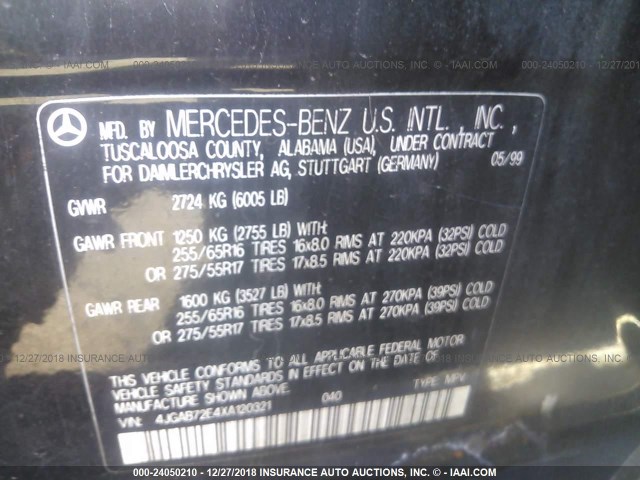 4JGAB72E4XA120321 - 1999 MERCEDES-BENZ ML 430 BLACK photo 9