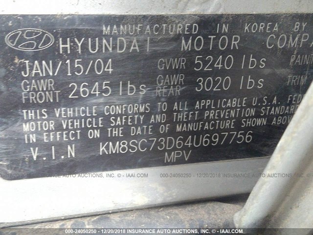 KM8SC73D64U697756 - 2004 HYUNDAI SANTA FE GLS/LX SILVER photo 9