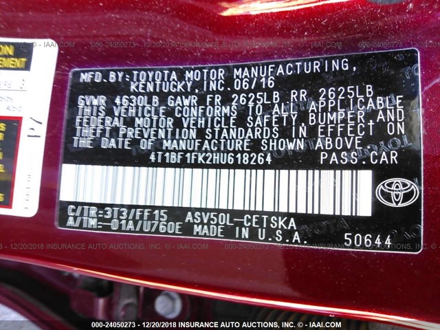 4T1BF1FK2HU618264 - 2017 TOYOTA CAMRY LE/XLE/SE/XSE 红色 照片 9