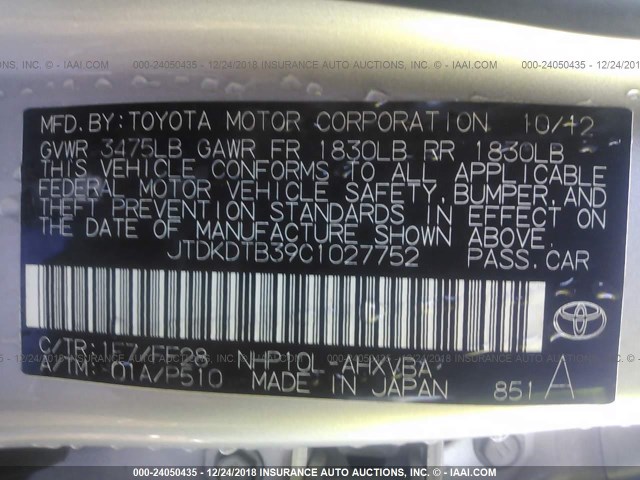 JTDKDTB39C1027752 - 2012 TOYOTA PRIUS C SILVER photo 9