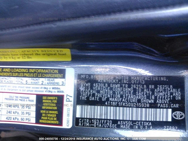 4T1BF1FK5DU215938 - 2013 TOYOTA CAMRY L/SE/LE/XLE 灰色 照片 9