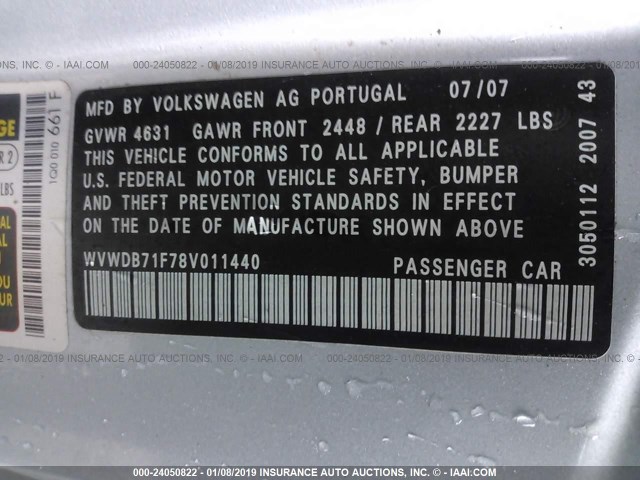 WVWDB71F78V011440 - 2008 VOLKSWAGEN EOS VR6 SILVER photo 9