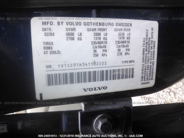 YV1CZ91H341102222 - 2004 VOLVO XC90 T6 BLACK photo 9